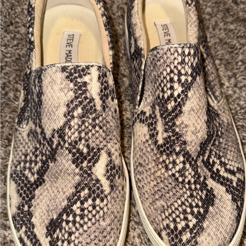 Steve Madden Taupe and Black Snake-Print Slip-On Sneakers
